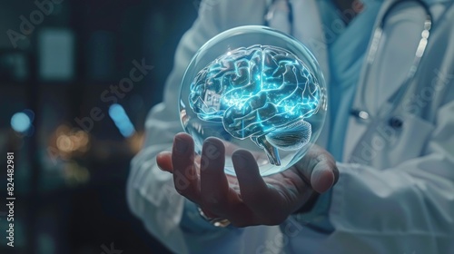 Doctor holds a hologram of the human brain. 3D hologram. Medical concept