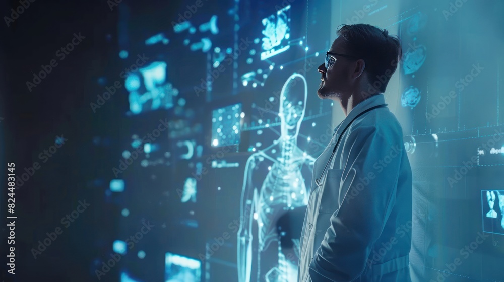 Doctor performs surgery in operating room and medical technology concept scan 3D display interface Doctor performs surgery in operating room and medical technology concept scan 3D display interface