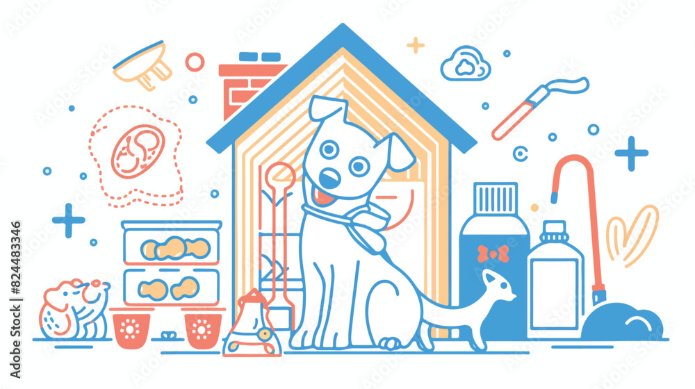 Dog in home contour banner with pet toys meds and puppy