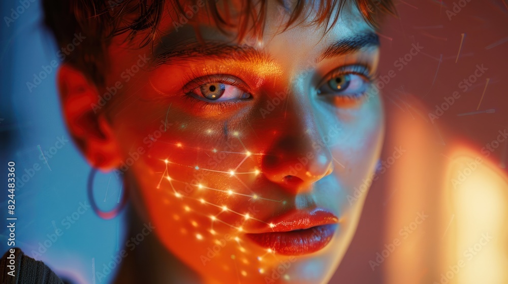 Face recognition markings on the face of a short-haired young woman Face recognition markings on the face of a short-haired young woman