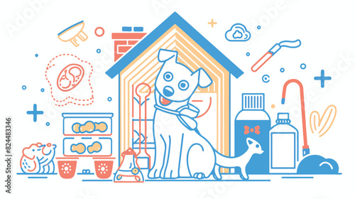 Dog in home contour banner with pet toys meds and puppy photo