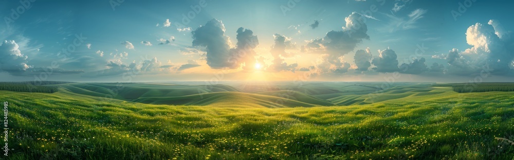 Obraz premium Aerial photography of a green grassland, clouds, sunshine, nature, World Environment Day, protecting nature as the theme, travel, tourism, lifestyle, retirement life, pension mode, 4k high-definition