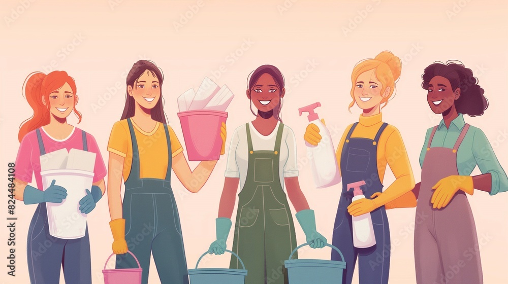 Fototapeta premium A group of women with cleaning supplies stand in a row. Workers of a cleaning company, vacancies for work. Global Maid Service Recruitment: Multinational housemaids Team Ready for Household Duties