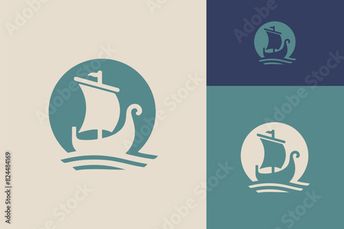 Mythical Viking Navigator Longboat Voyaging Moonlit Wave Logo