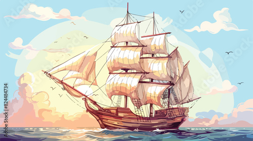 Drawing of gorgeous ship sailing boat frigate or cara photo