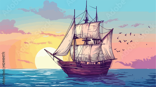 Drawing of gorgeous ship sailing boat frigate or cara photo