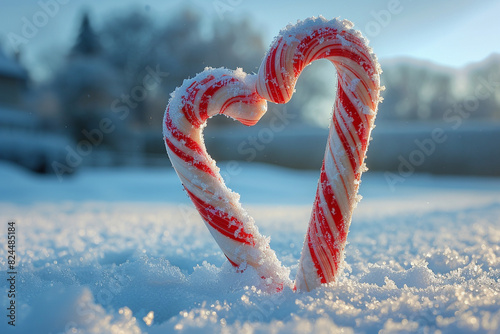 Candy cane heart shape against a snowy background, winter romance, selective focus, love in the air, ethereal, composite, snowcovered park backdrop photo