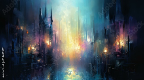 Abstract pastel artwork capturing the blend of chaos and order in cityscapes.