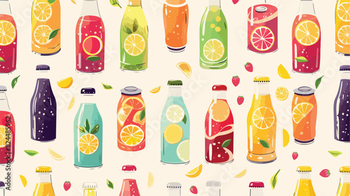 Drinks seamless pattern. Soda juice in glass bottles