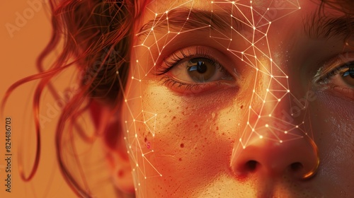Magazine cover artwork of a personal identification program analyzing a woman's face, isolated on brown