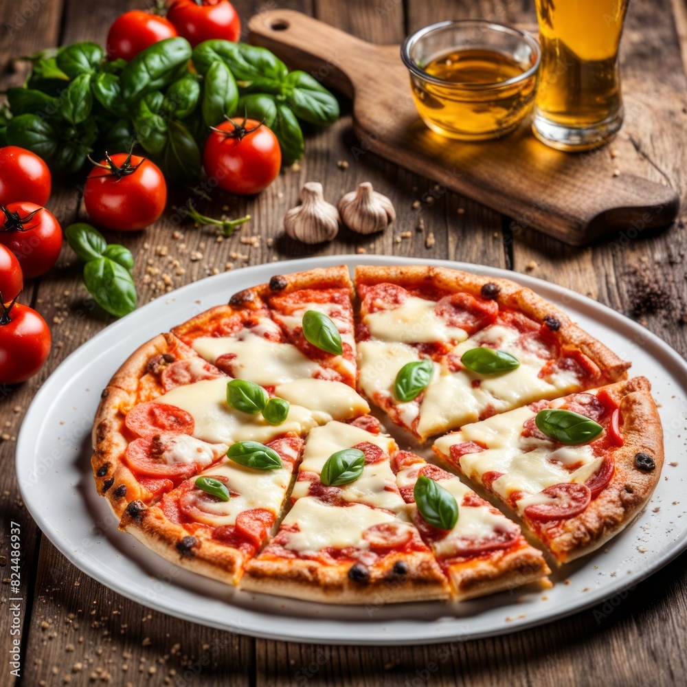 Delicious pizza topped with cheese, tomato on wooden table. Pizza surrounded by natural fresh ingredients mozzarella, basil, garlic and tomato.