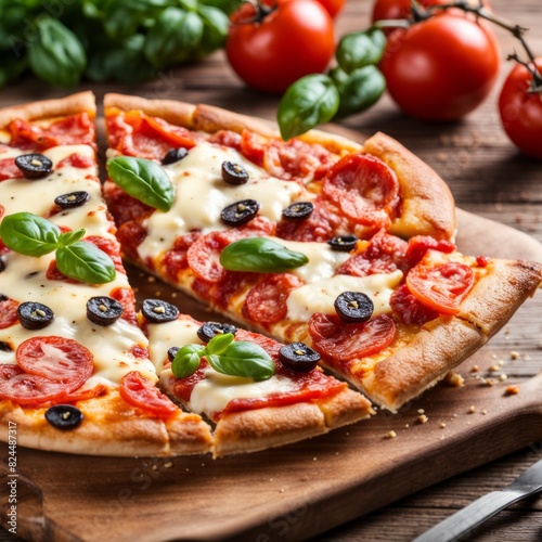 Delicious pizza topped with cheese, tomato on wooden table. Pizza surrounded by natural fresh ingredients mozzarella, basil, garlic and tomato.