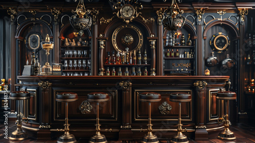 A beautifully designed vintage bar with ornate wooden details and elegant lighting, creating a nostalgic and luxurious ambiance.