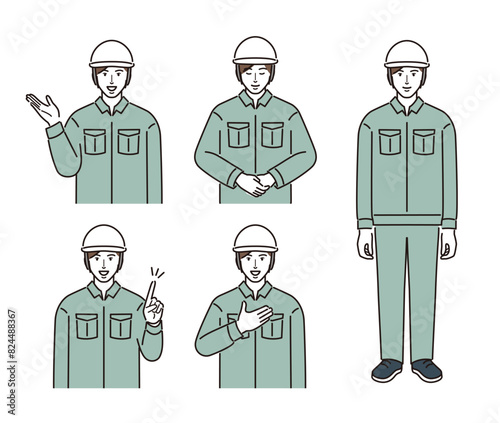 ヘルメット姿の男性のよくあるポーズのセット