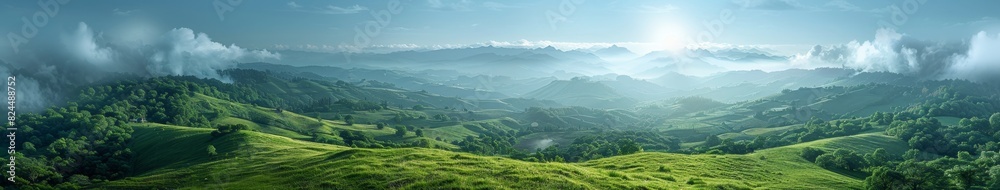 Fototapeta premium Aerial photography of a green grassland, clouds, sunshine, nature, World Environment Day, protecting nature as the theme, travel, tourism, lifestyle, retirement life, pension mode, 4k high-definition 