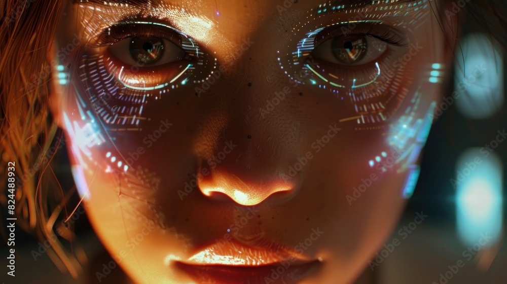 Scanning a beautiful woman's face to identify her and ensure personal safety through futuristic and technological scanning Scanning a beautiful woman's face to identify her and ensure personal safety through futuristic and technological scanning