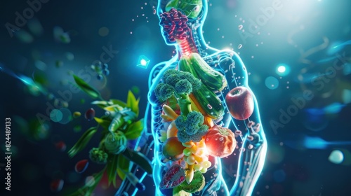 The human body is made of various fruits and vegetables. 3D holograms, medical concept concept.