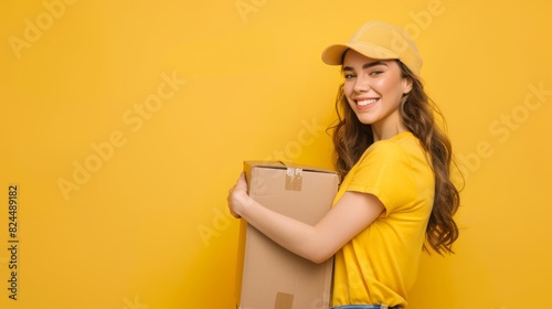 Delivery girl courier holding parcel box on yellow background with copyspace for your text © Artlana