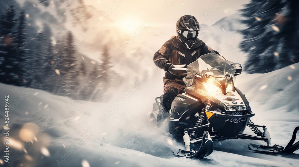 Dynamic image of a person riding a snowmobile through a snowy forest under a bright, setting sun. Dynamic image of a person riding a snowmobile through a snowy forest under a bright, setting sun.