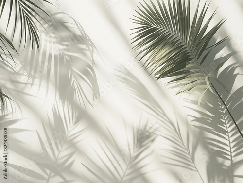 Palm leaves casting intricate shadows on a white background  creating a serene and tropical atmosphere.