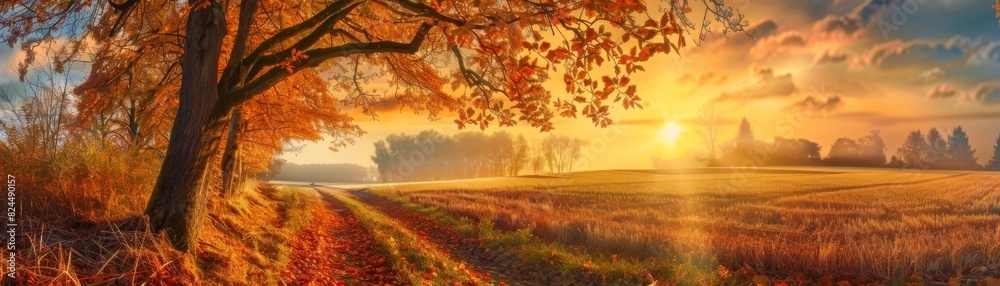 Golden Sunset Over Autumn Field Path Golden Sunset Over Autumn Field Path