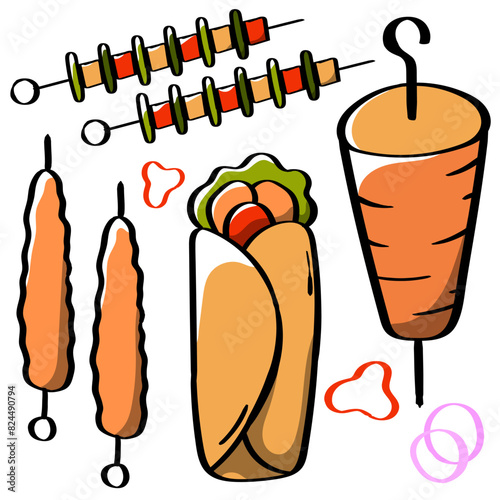 cute colorful kebab icon set. kabab, turkish, beef, satay, skewers. simple funny doodle hand drawn flat simple vector assets illustrations
