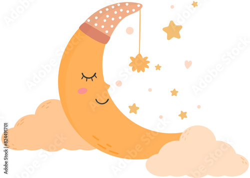 Cute orange half moon sleeping in hat with pompom at night sky with stars.