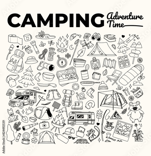 Hand Drawn Camping Adventure Collection, Elements, Vector illustration, Outdoor, Backpack, Summer Camp, RV, Tent, lifestyle, camping time