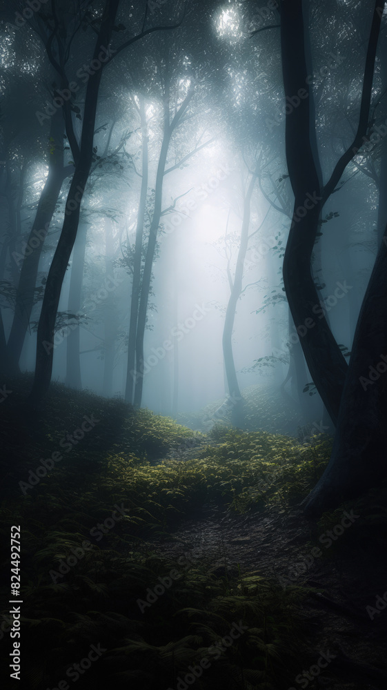 Fototapeta premium Enigmatic Forest Path With Dense Fog And Soft Sunlight Breaking Through Trees Ai Generated