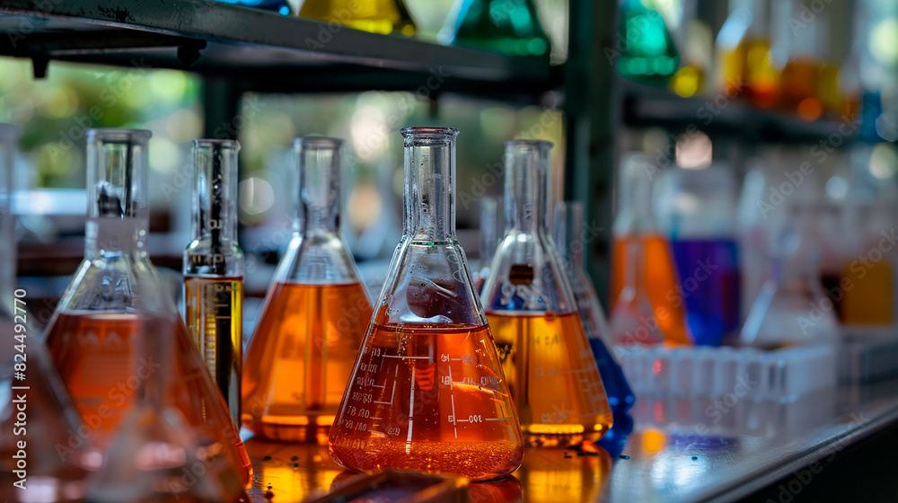 A table full of glass beakers and test tubes with various colored liquids A table full of glass beakers and test tubes with various colored liquids