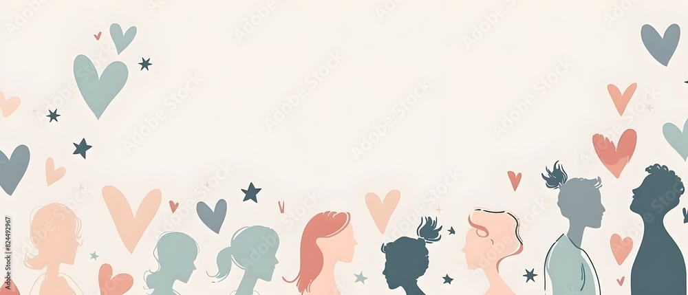 Minimalist Friendship Day Silhouette Doodle Border Print Design with Pastel Hearts and Stars