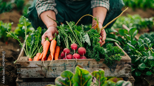 Farmer harvesting fresh organic vegetables from the garden. Symbolizes sustainable farming, healthy eating, and farm-to-table movement.