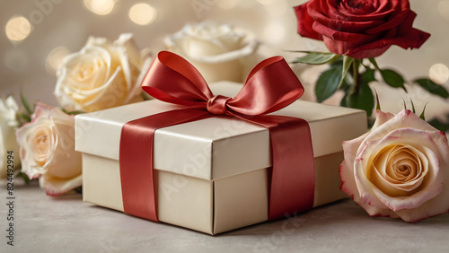 Gift box with red ribbons among vibrant flowers on a glowing pink background. Dreamy floral composition with bokeh effect for celebration.