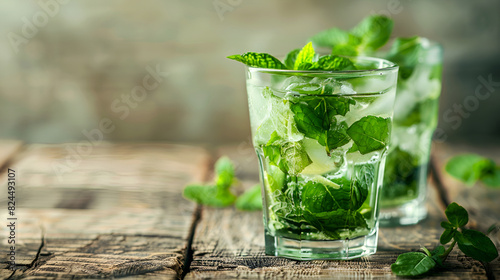 Alcoholic cocktail  mint tea with rum in small glasses with ice in a heart shaped vintage wood background  a green cocktail with a shamrock straw and traditional Irish elements on a rustic wooden 