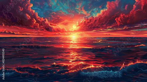 Breathtaking sunset floods the sky with vivid  dramatic hues.