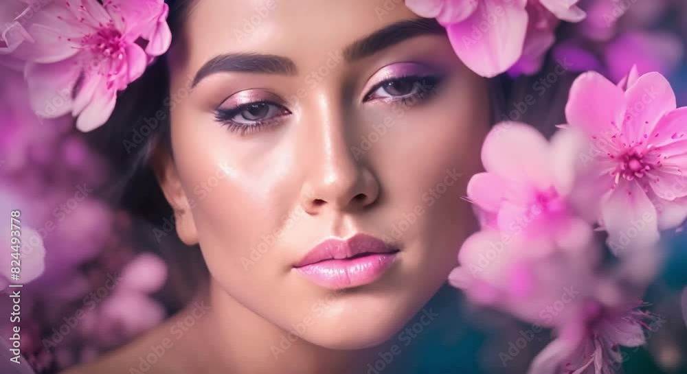A Beautiful Girl's Face Peeking Through the Flowers of the Orchid. Natural Cosmetics and Skin Care, Enhanced by the Exotic Beauty of the Flower. Perfect for Perfume Advertising.
