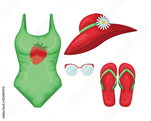 Beach accessories. A set of beach items such as a swimsuit, flip-flops, sunglasses and a beach hat. Clothes for a beach holiday. Vector illustration.