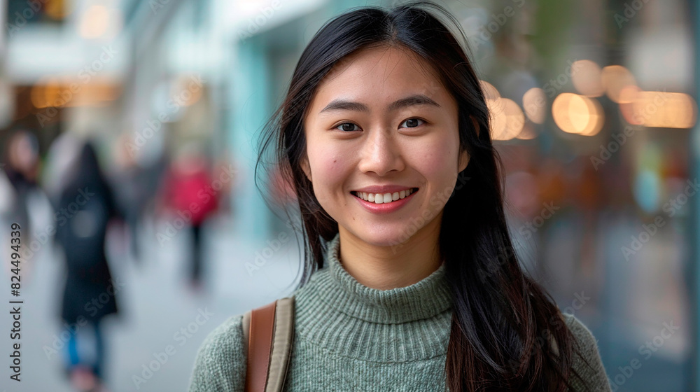 A woman with a green sweater and a brown purse is smiling A woman with a green sweater and a brown purse is smiling