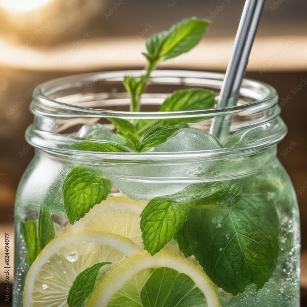 Cold and refreshing infused water with lime, ginger, mint and ice in mason jar. Copyspace Cold and refreshing infused water with lime, ginger, mint and ice in mason jar. Copyspace