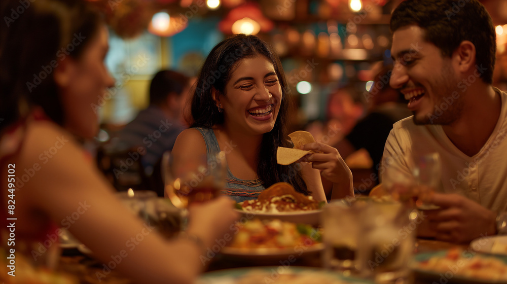 A group of friends immersed in the flavors of Mexican cuisine at a bustling restaurant, their happy faces and animated conversation creating a lively atmosphere, the background blurred A group of friends immersed in the flavors of Mexican cuisine at a bustling restaurant, their happy faces and animated conversation creating a lively atmosphere, the background blurred