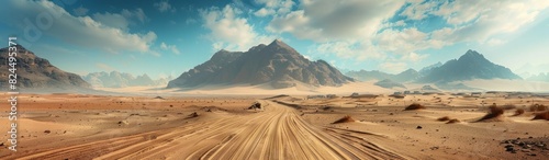 Panoramic photo of an epic desert landscape, mountains in the background, dirt road with dunes and rocks on both sides photo