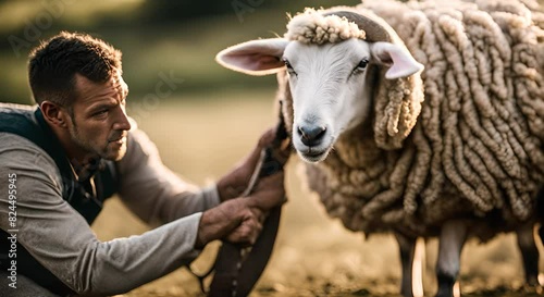 Farmer shearing a sheep. photo