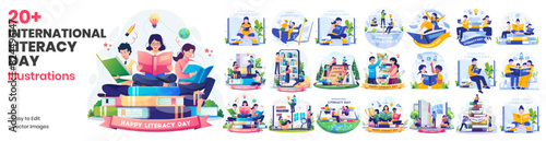 Mega Collection of International Literacy Day Illustrations. Happy People Are Reading Books to Celebrate Literacy Day. World Book Day