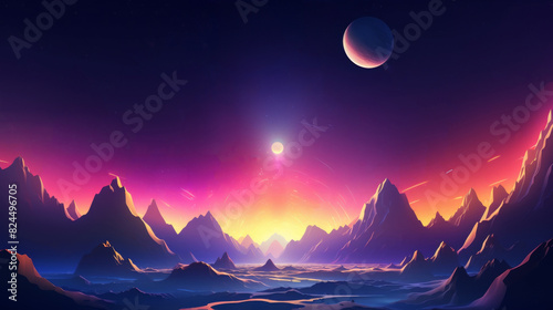 Low poly art, An alien landscape with mountains, planets, and colorful sky at sunset, evoking a sense of otherworldly wonder.