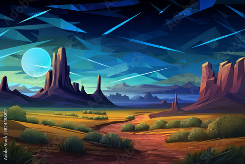 Low poly artwork, A moonlit desert landscape with towering rock formations, vibrant colors, and a stunning star-filled night sky.