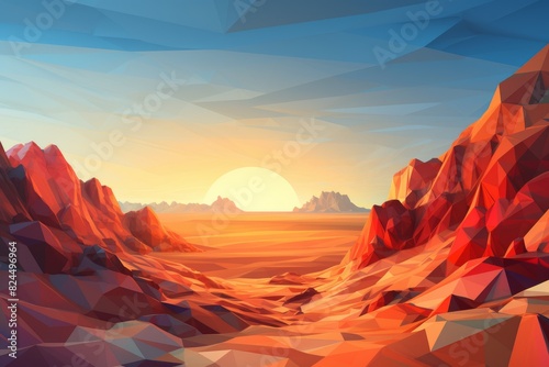 Low poly artwork, An otherworldly desert with sand dunes that shimmer in various colors