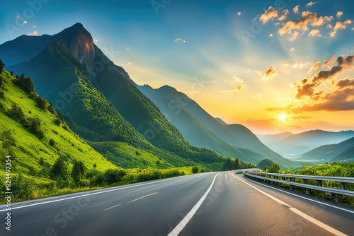 Asphalt highway road and mountain natural scenery at sunrise. panoramic view.
