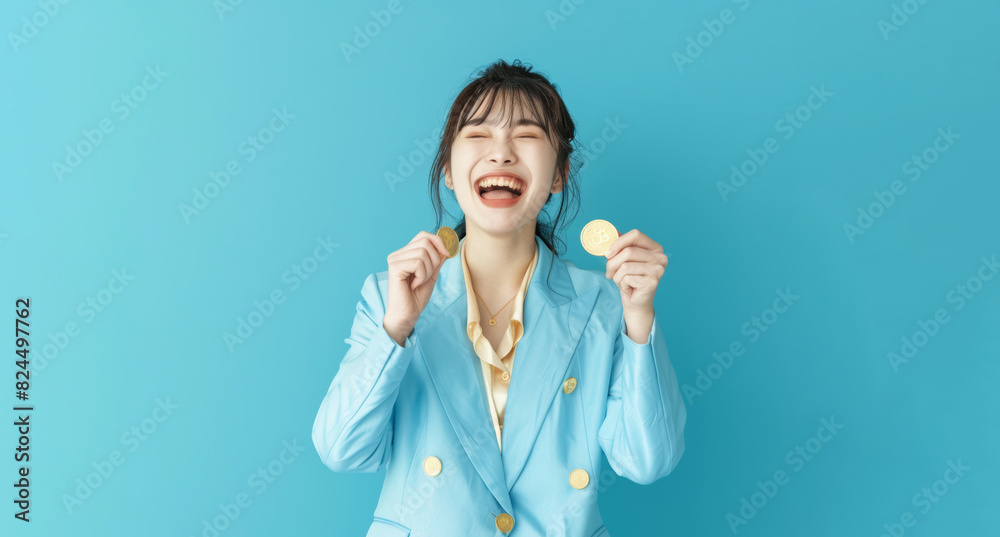 happy laughing smiling japanese girl dressed up in luxury blue business suits and shirts holding gold coin reward in her hand in blue background, happy laughing smiling japanese girl dressed up in luxury blue business suits and shirts holding gold coin reward in her hand in blue background,