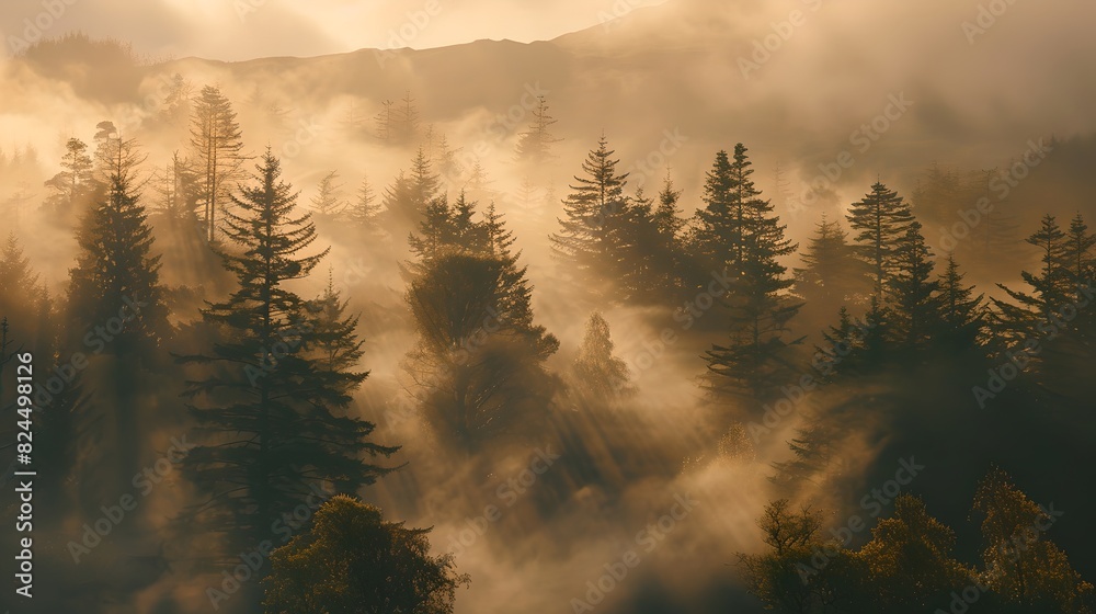 Mystic Sunrise Over Foggy Forest, Light Rays Through Trees Mystic Sunrise Over Foggy Forest, Light Rays Through Trees