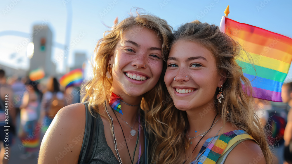 smiling young girl with a rainbow flag at a gay pride march, festival, people, man, boy, makeup, lgbt, June 28, demonstration, non-binary, bisexual, homosexual, person, portrait, parade, action smiling young girl with a rainbow flag at a gay pride march, festival, people, man, boy, makeup, lgbt, June 28, demonstration, non-binary, bisexual, homosexual, person, portrait, parade, action